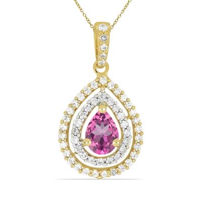 BUY 14K GOLD REAL PINK TOPAZ GEMSTONE HALO PENDANT WITH WHITE DIAMOND